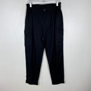 Zara Baggy Linen Trouser Cargo Pant Black Tapered Leg‎ Pockets Cuffed Size 6